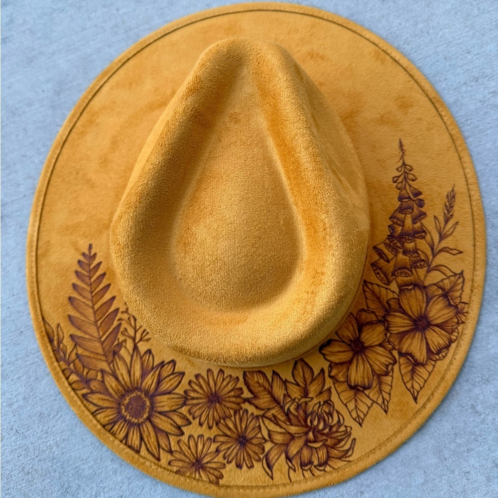 Floral burned mustard yellow wide brim rancher hat western cowboy hat